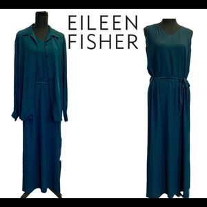 Eileen Fisher dark teal 100% silk two piece dress blouse set Sz M